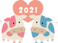 写着2021的红心和两头五彩缤纷的牛2021丑年