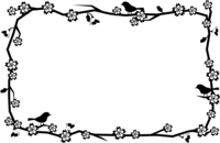 桜の枝とうぐいす枠のフレーム-白黒