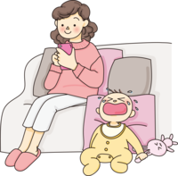 Smartphone of a mother who is crazy about smartphones and a child who cries