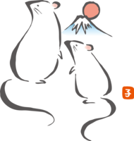 筆描き風の二匹の-ねずみ(ネズミ-鼠)と富士山-和風の2020子年