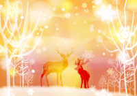 冬の背景イラスト(幻想的なオレンジの雪風景とトナカイ)