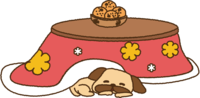 Cute dog curls up with a kotatsu