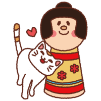 January Cute illustration (cat and kokeshi doll)