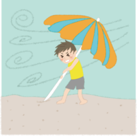 Cute man who prevents parasols from flying in the wind on the beach in the summer sea