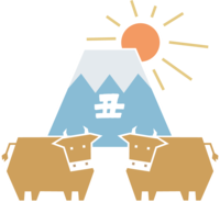 Two straight cows, the first sunrise and Mt. Fuji-2021-Cute Ox Year