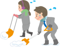 雪かきをする男性と女性会社員
