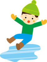 凍結した危険な路面で転びそうになる男の子