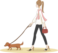 犬とおでかけ散歩をするオシャレ女性