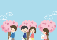 Background illustration of cherry blossom viewing garbage take-out / Spring