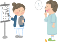 視力検査で看護師が指示棒で指し答える男性／健康