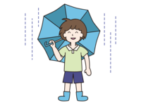 雨の中で青い傘を差す男の子