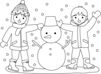 雪だるまを作る子供達のぬりえ(線画)