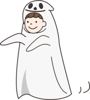 A child dressed up as a ghost on Halloween