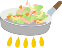 Stir-fried meat and vegetables in a frying pan