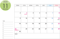 星期一开始的A4横2020年(令和2年)11月的日历印刷用