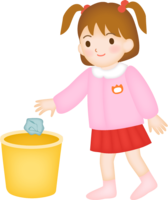 A kindergarten child throwing garbage in the trash can