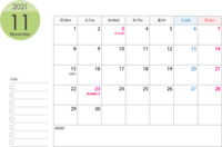 星期一开始的2021年(令和3年)11月的日历印刷用
