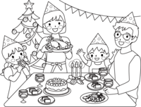 クリスマスパーティーをしている家族のぬりえ(線画)