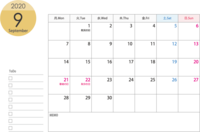 星期一开始的A4横2020年(令和2年)9月的日历印刷用