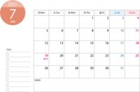 月曜始まりの2021年(令和3年)7月のカレンダー-印刷用