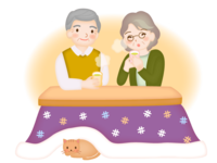Grandpa and grandma are drinking tea with a kotatsu