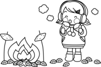 たき火と焼き芋を食べる子供のぬりえ(線画)