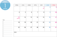 月曜始まりの2021年(令和3年)1月のカレンダー-印刷用