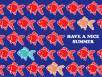 Summer greeting card with lots of goldfish
