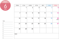 月曜始まりの2021年(令和3年)6月のカレンダー-印刷用