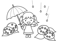 傘をさす女の子と紫陽花のぬりえ(線画)