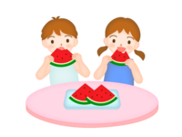 Boys and girls eating watermelon