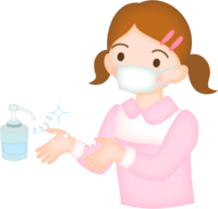 Hand wash with mask-girl doing alcohol disinfection