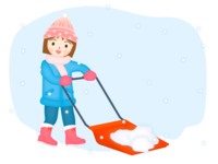 A woman shoveling snow with a snow dump