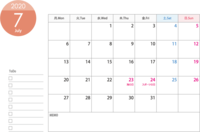 月曜始まりのA4横-2020年(令和2年)7月のカレンダー-印刷用