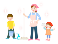 Parents and children are cleaning