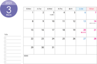 星期一开始的2021年(令和3年)3月的日历印刷用