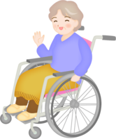 Elderly person in a wheelchair and raising one hand with a smile