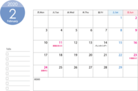 星期一开始的A4横向2020年(令和2年)1~12月日历A4印刷用