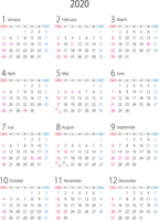 A4纵2020年(令和2年)1月~12月的年度日历