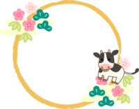 牛と松竹梅と筆線の円形お正月フレーム飾り枠
