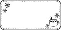 ココアと雪の結晶の白黒横長フレーム飾り枠