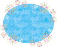 花火と水色楕円のフレーム飾り枠