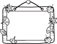 Black and white frame of wooden signboard and fallen leaves Decorative frame