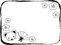 ネズミと扇子と梅の花の白黒フレーム飾り枠