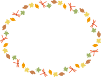 秋-赤とんぼと落ち葉の楕円フレーム飾り枠