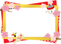 梅とコマと羽根つきのお正月金色フレーム飾り枠