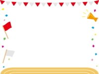 運動会-紅白の旗と校庭のフレーム飾り枠