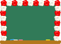 Blackboard frame decorated with red and white paper flowers