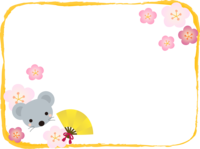 ネズミと金色の扇子と梅の花の黄色フレーム飾り枠