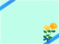 Light blue frame of blue ribbon and bouquet of yellow roses Decorative frame